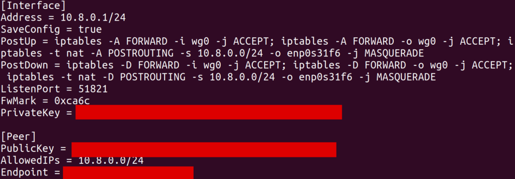 A wireguard configuration on a Linux machine. There are red boxes over private and public keys and remote IP addresses.