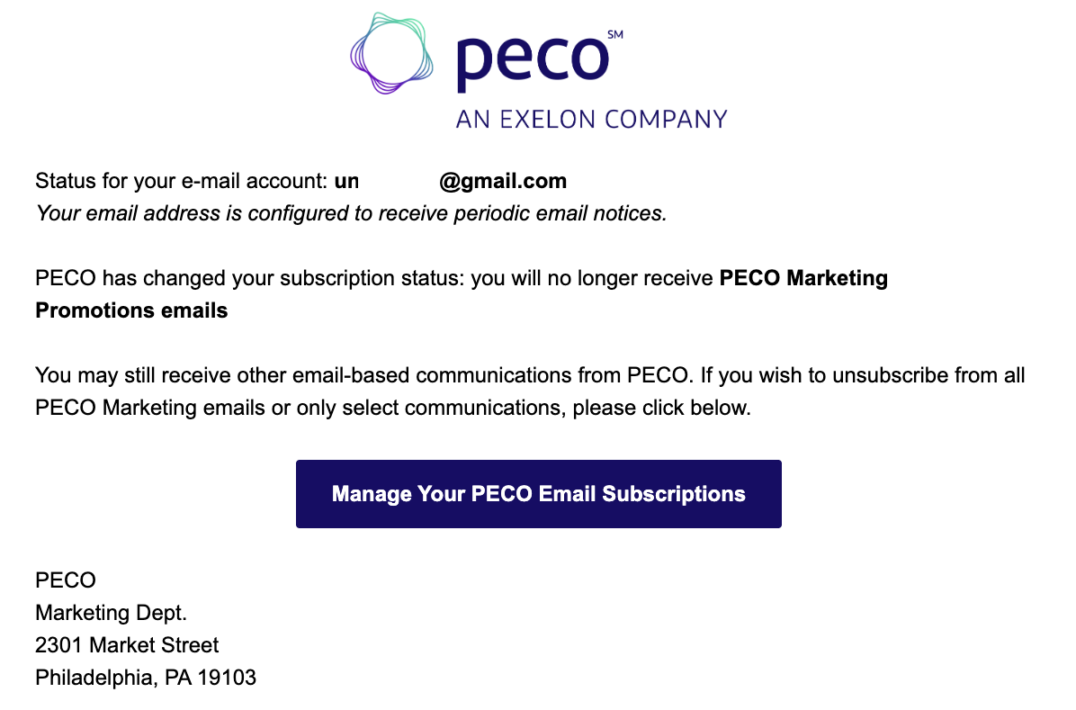 A webpage describing that the user is only unsubscribed to marketing emails.