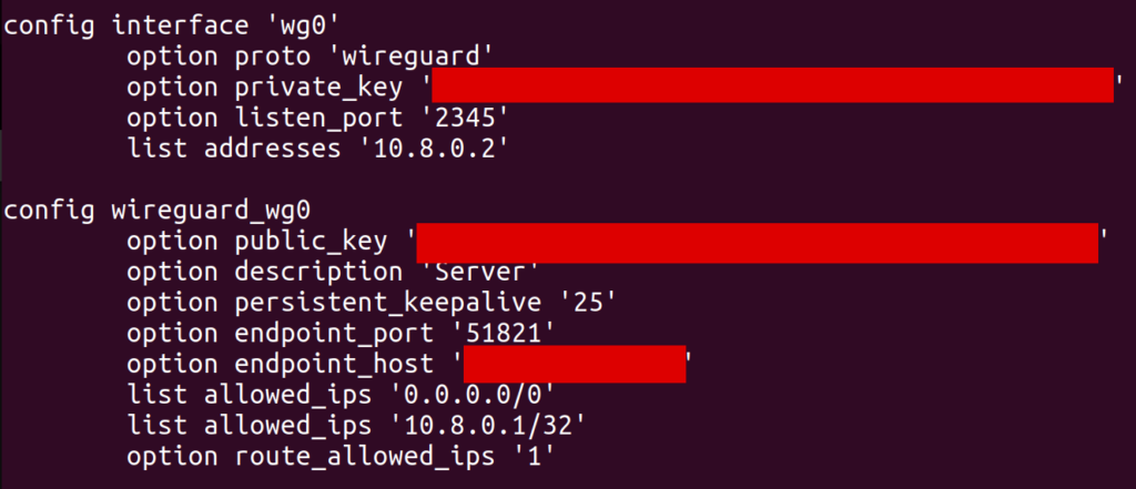 An OpenWrt UCI configuration block for a WireGuard client. There are red boxes hiding private and public keys as well as remote IP addresses.