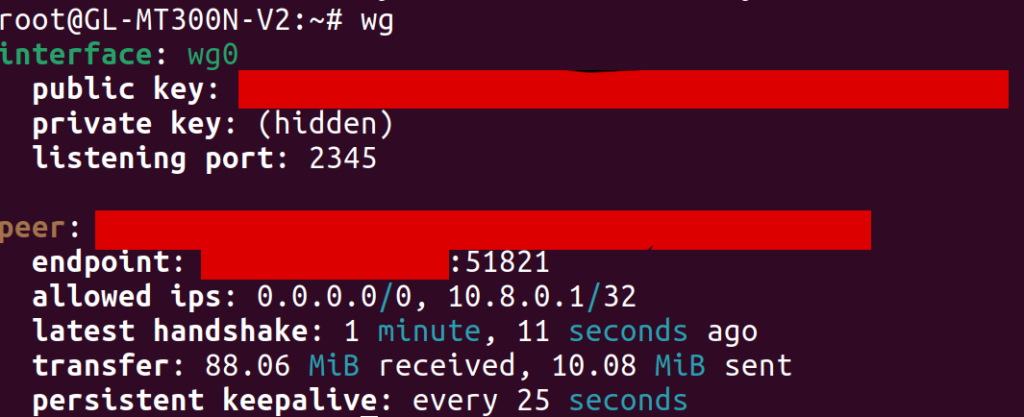 The output of the wg WireGuard command on a GL.iNet router. Private information is hidden by red boxes.