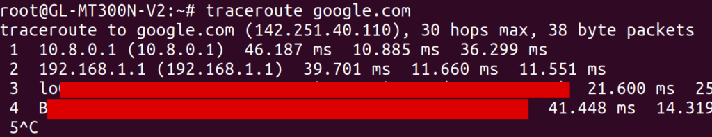The output of a traceroute to google.com, where the first hop is 10.8.0.1 and the second is 192.168.1.1. Further hops are censored out by red boxes.