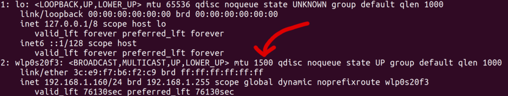 The output of an `ip addr` command with an arrow pointing to the MTU of 1500.