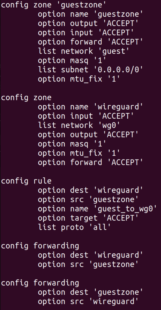 An OpenWrt UCI configuration file defining firewall zones for a guest WiFi network and a wireguard device.
